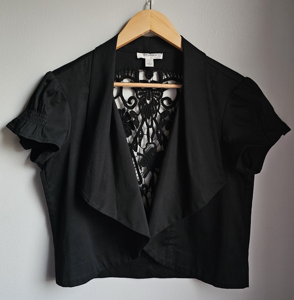 Short sleeved black blazer with lace on back (size L)
